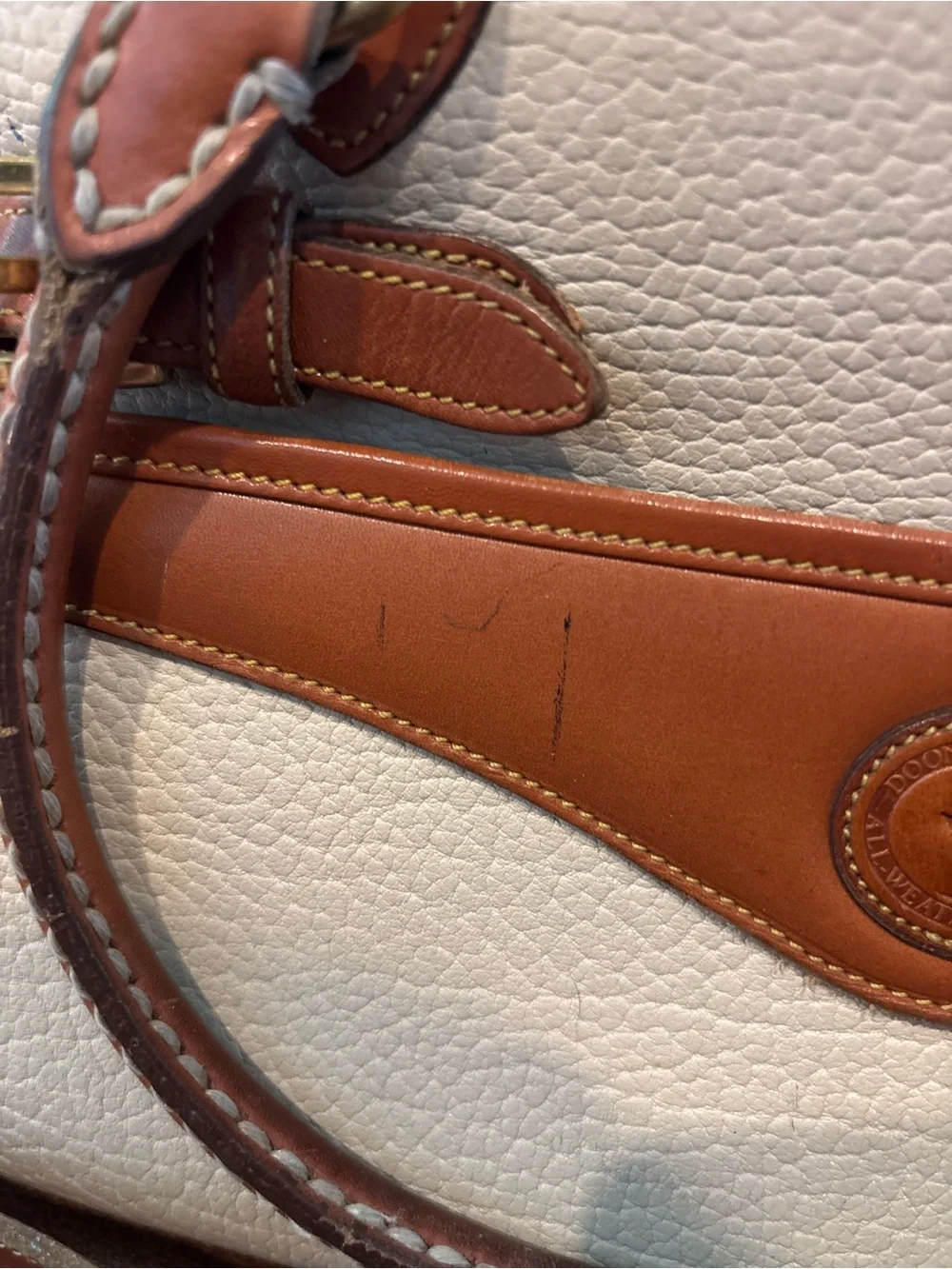 Dooney & Bourke Cream and Brown Leather Satchel with Gold Hardware